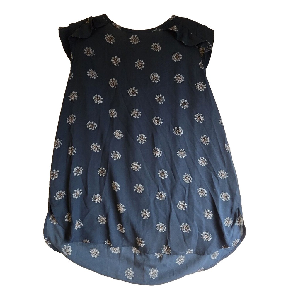 LOFT  Blouse Sleeveless Tank Top Blue Patterned High Neck Ruffled  Keyhole‎ Med